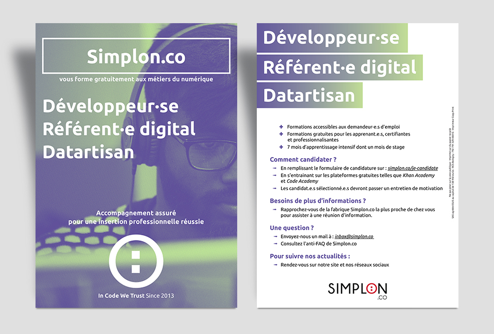 Conception et design graphique d'affiches et de flyers pour la communication de Simplon.co