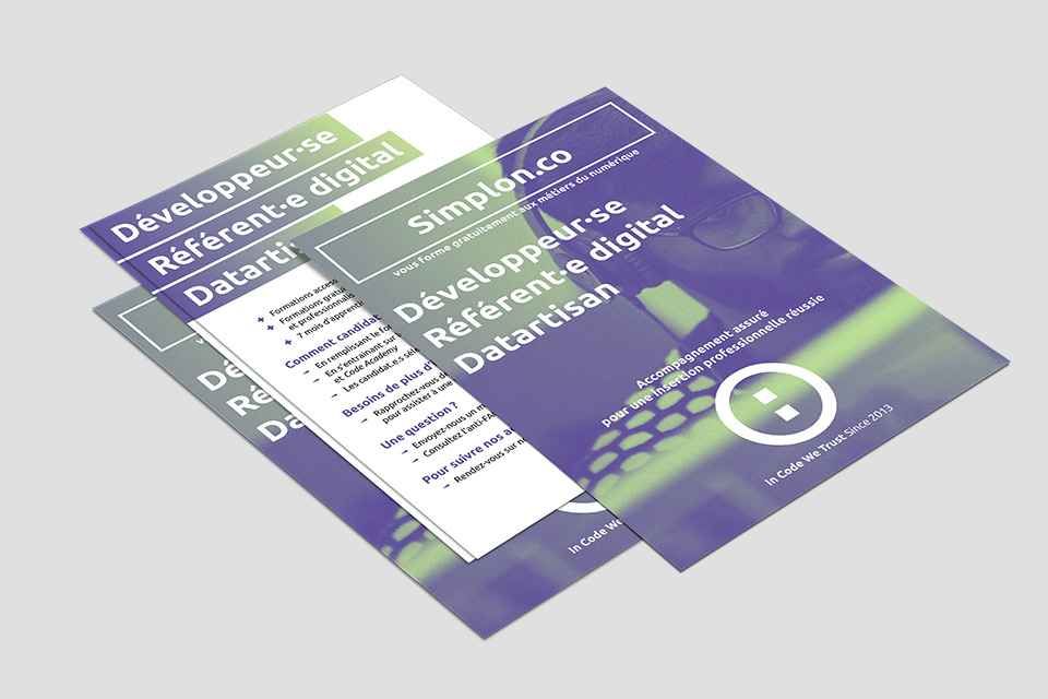 Conception et design graphique d'affiches et de flyers pour la communication de Simplon.co